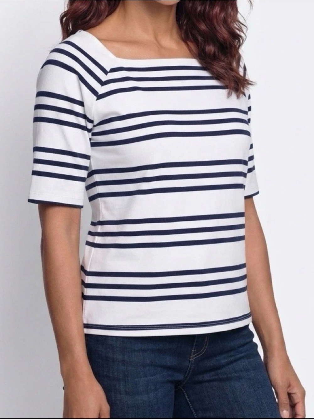 Talbots SP Navy and White Square Neck Nylon And Rayon Top NWT
New with tags
App